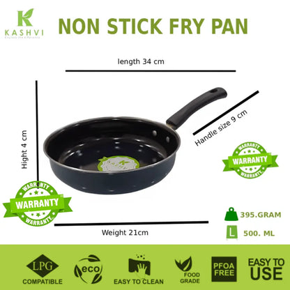 Non-stick fry pan with dimensions and features on a green background
