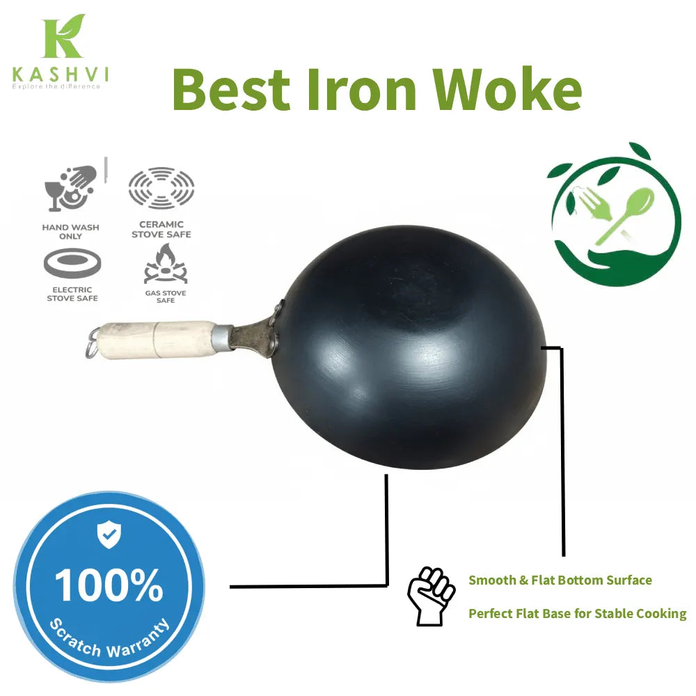 heavy duty iron wok with wooden handle kitchen cookware