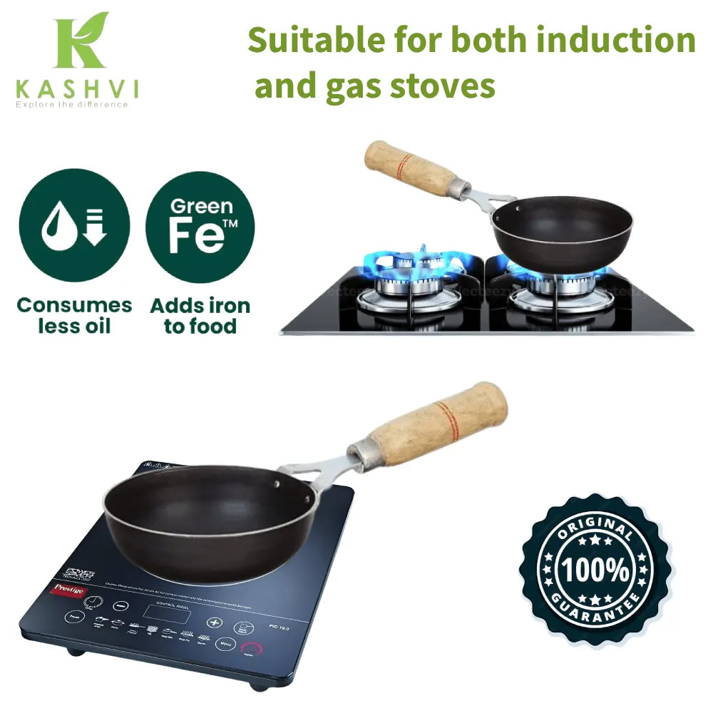 Kashvi frying pan suitable for induction and gas stoves with features highlighted.