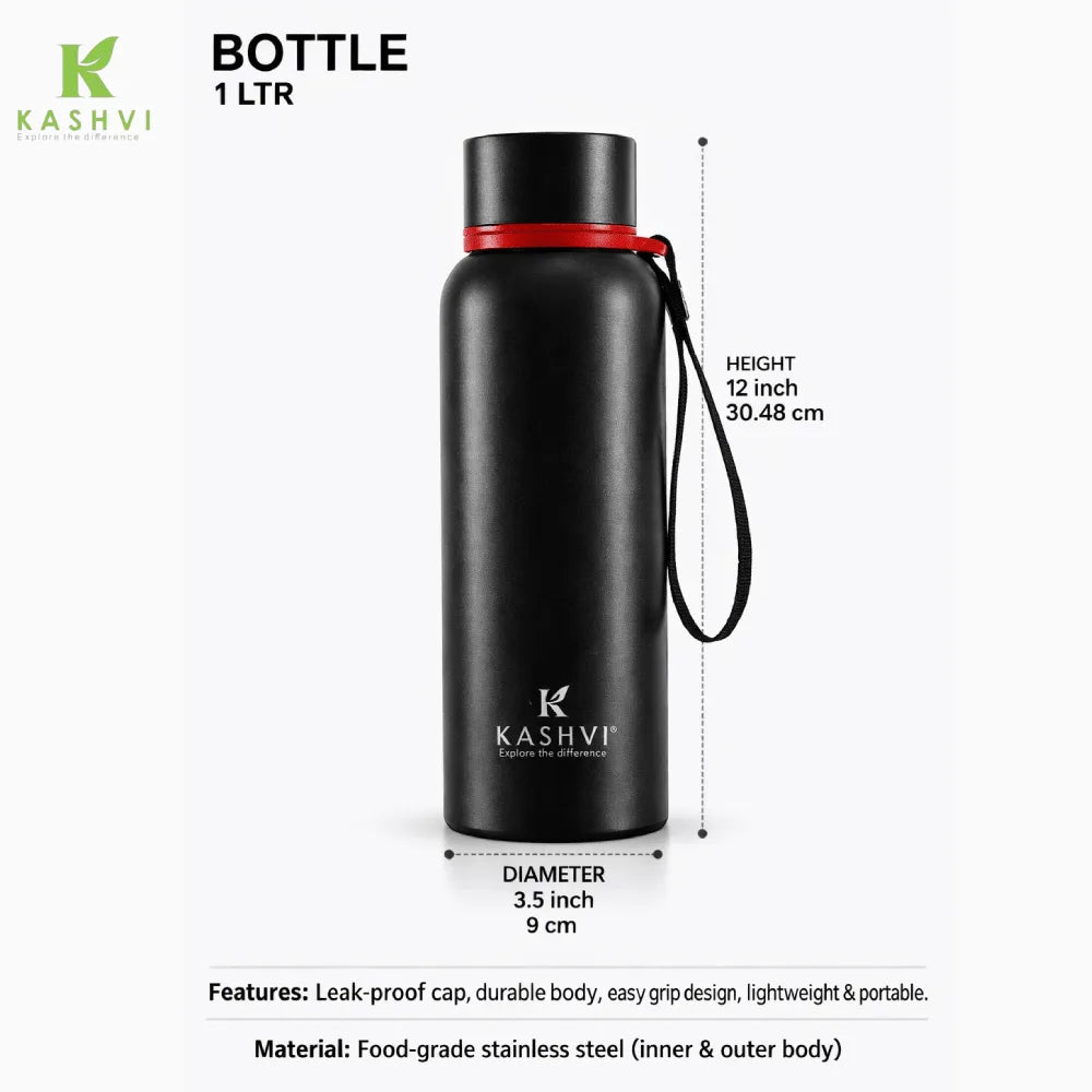 Black bottle with red cap and measurements on a white background, featuring the brand 'Kashvi'.