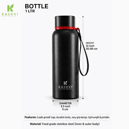 Black bottle with red cap and measurements on a white background, featuring the brand 'Kashvi'.