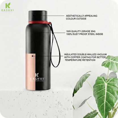 Black and rose gold water bottle with features highlighted on a white background