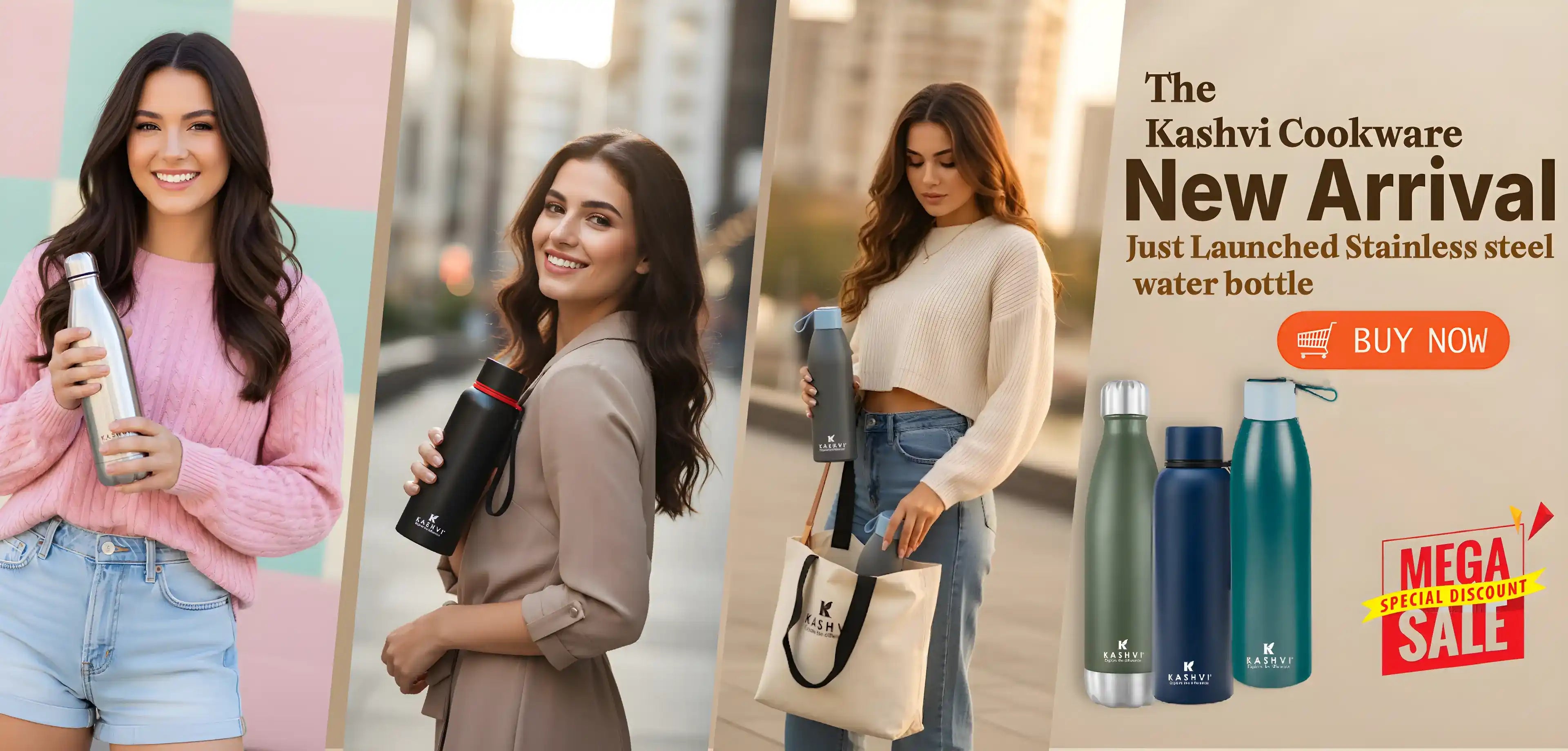 Promotional image of a woman holding a stainless steel water bottle with product images and text on a beige background.