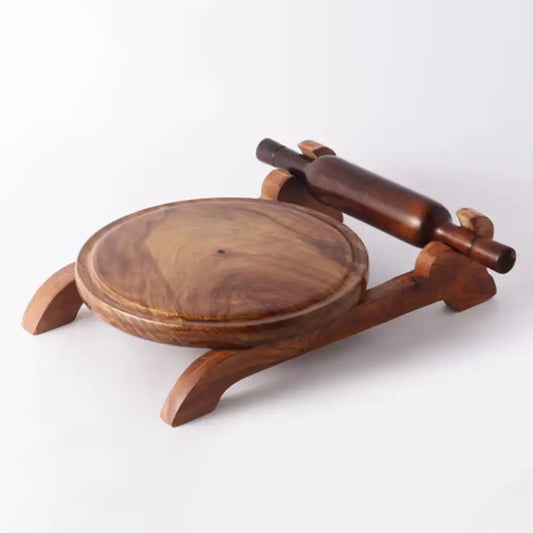 Wooden rolling pin and stand on a white background