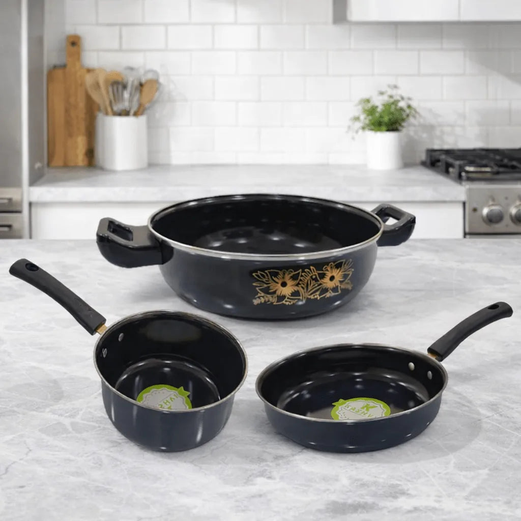 KASHVI 3 piece iron cookware set with ceramic enamel coated kadai fry pan and sauce pan