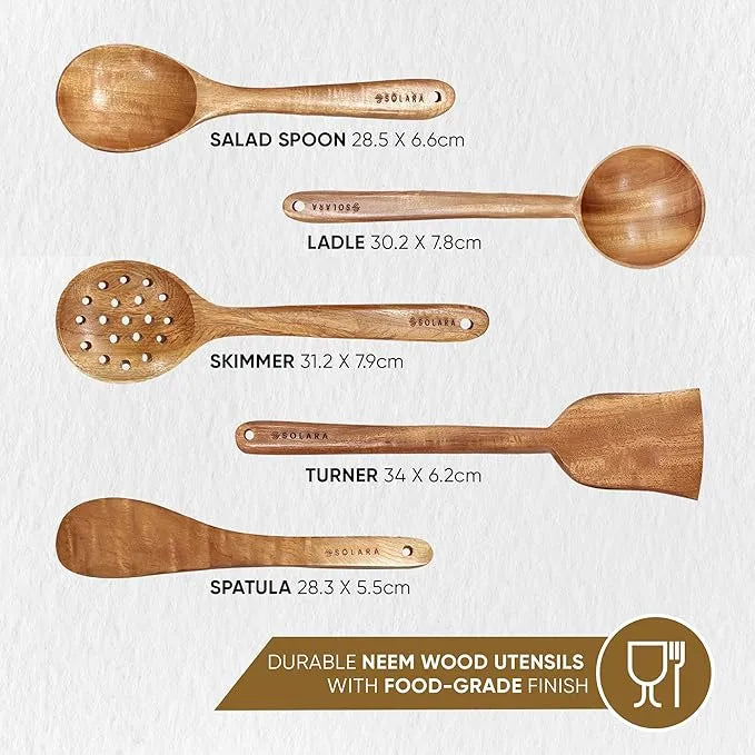 Set of wooden kitchen utensils with measurements on a white background