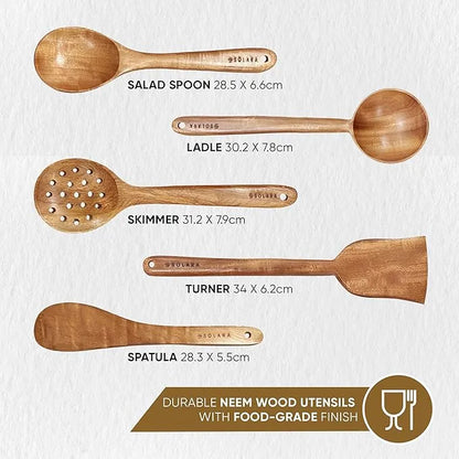 Set of wooden kitchen utensils with measurements on a white background