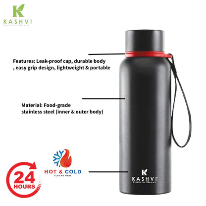 Black stainless steel water bottle with red accent on a white background, featuring Kashvi branding.