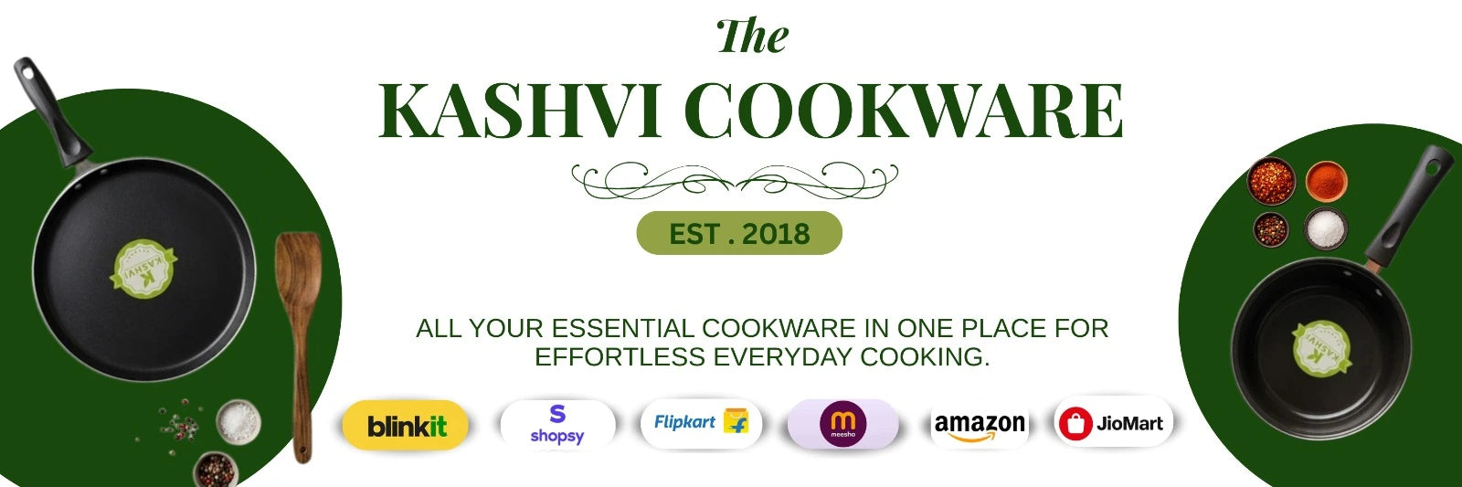 Kashivi Cookware banner with cookware items and branding elements.