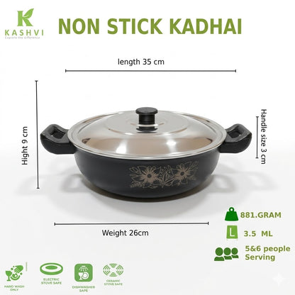 Non-stick kadhai with dimensions and features on a white background