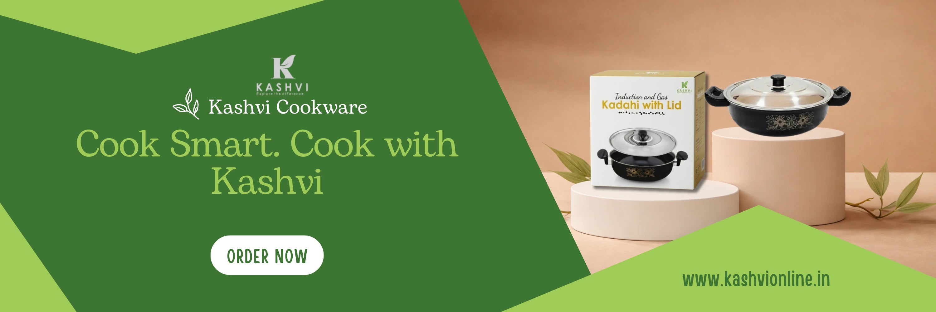 Kashvi cookware advertisement with a green background and product display.