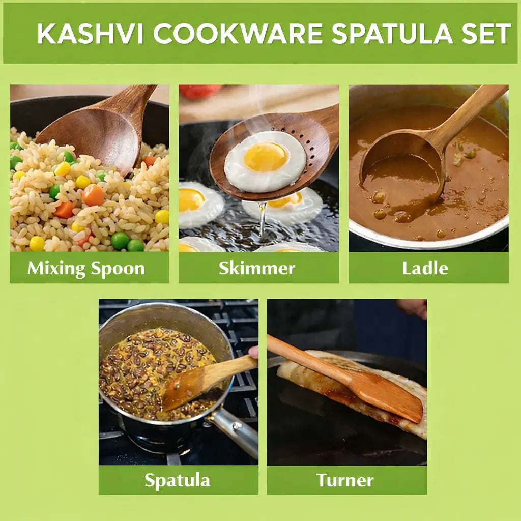 Kashvi cookware spatula set with images of mixing, skimming, ladling, and using the spatula.