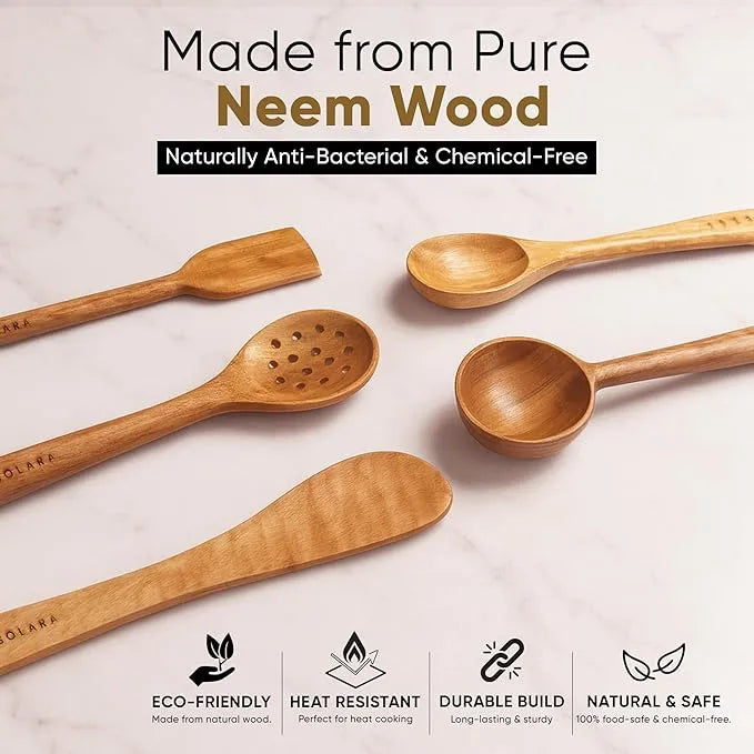 Wooden spoons on a light background with text about neem wood properties.