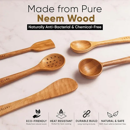Wooden spoons on a light background with text about neem wood properties.