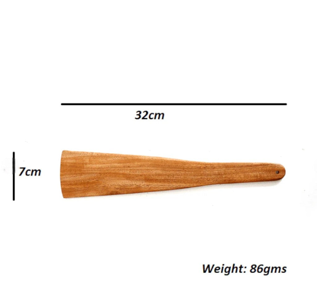 Wooden spatula with measurements and weight on a white background
