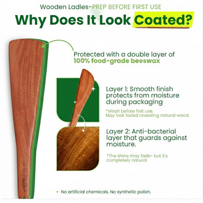 Wooden ladles with a double layer of 100% food-grade beeswax coating, showing cross-section and text explaining the coating process.