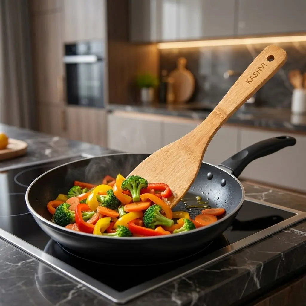 Frying pan with vegetables and a wooden spatula on a kitchen stove, with 'Kashiy' branding.
