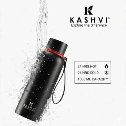 Black water bottle with red accent and 'Kashvi' branding on a white background